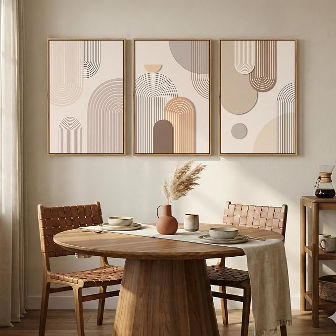 3 Piece Framed Neutral Boho Wall Art for Living Room, Large Minimalist Abstract Canvas Artwork for Walls, Mid Century Modern Beige Geometric Prints Paintings for Bedroom Hallway Wall Decor 16x24 Inch