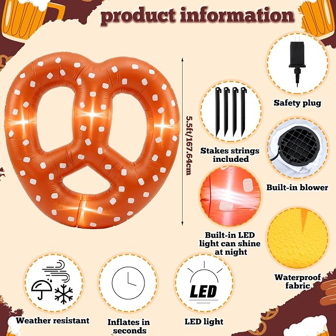 VIHOSE 5.5ft Giant Inflatable Pretzel–Oktoberfest Beer Festival Party Decoration, Oktoberfest Pretzel Blow up with Built in Lights LED for Beer Gardens Parties Holiday Prop