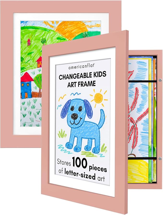 Americanflat - 2 Pack - Kids Artwork Frame Changeable (Pink) - Magnetic Door Holds 100 Art Pieces - 8.5x11 Letter Size Display with Mat or 10x12.5 Without Mat - My Mini Masterpiece