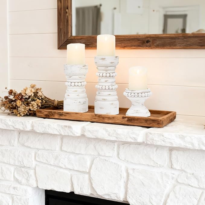 Rustic White Wood Candle Holders Set of 3, Farmhouse Beaded Wood Pillar Candle Holder, Candle Holders for Pillar Candles & Candlesticks, Candle Sticks Holder Decor for Table Centerpiece