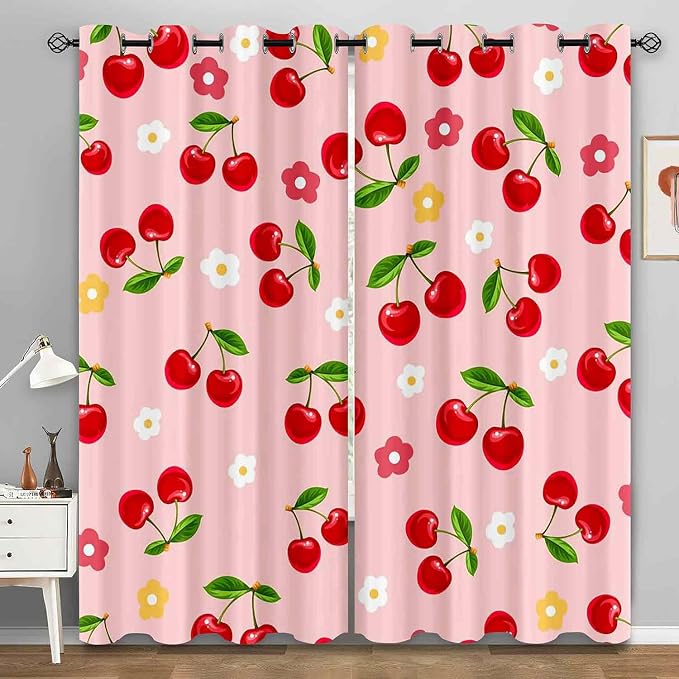 LUVIVIHOME Cherry Curtains, Cute Blackout Curtains, Girly Kids Girls Bedroom Decor, Pink Curtains for Living Room, Grommet Window Drapes 2 Panel Sets, 52x63 Inch