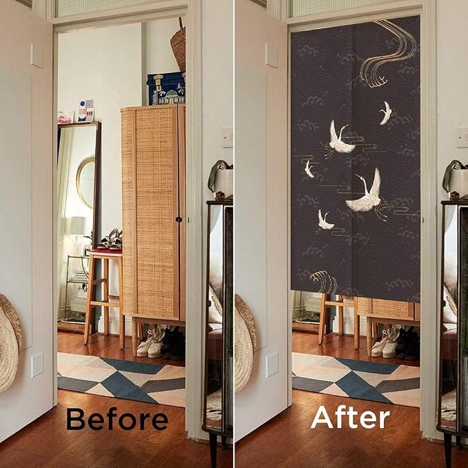 Ofat Home Japanese Crane Noren Curtain, 33.5" x 59" | Elegant flying crane and wave pattern doorway curtain in Japanese Zen style for living room or hallway decor