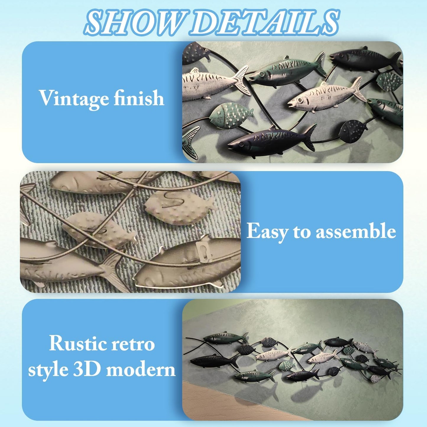 edaknez Large Fish Wall Art, Coastal Nautical Decor, Outdoor Indoor Metal Wall Art, School of Fish Wall Sculpture, for Living Room, Bedroom Beach or Boat Decor (55 x 13 inch)