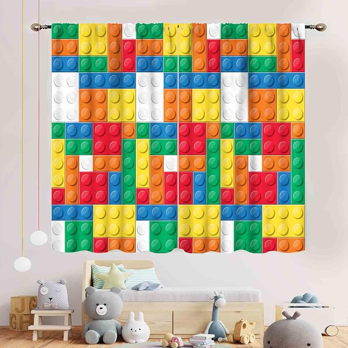Boys Curtains for Bedroom Building Blocks Curtains, Colorful Plastic Block Building Constructor Brick Blackout Window Treatments for Boys Kids Girl Baby Room Living Room Nursery, 52"x84" Inch