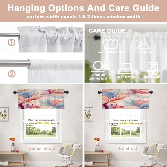 Shrahala Colorful Waves Blackout Short Curtains for Windows, Fluid Abstract Pattern Kitchen Valance Thermal Insulated Rod Pocket Window Treatment for Bathroom 2 Pack 52 X 16 in