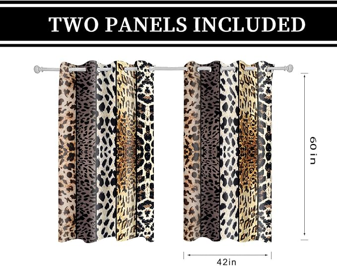 Wild Animal Print Curtain, Room Darkening Thermal Insulated Blackout Leopard Boa Window Drapes with Grommets for Living, Dining, Bedroom, Grey Leopard Print, 42"x 60", 2 Panels