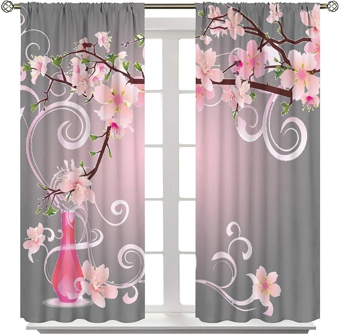 Cherry Blossom Curtains,Pink Flower Japanese Floral Print Window Treatments for Bedroom Living Room Kitchen Polyester Fabric Window Drapes 2 Panels Set,Total Size 52 x 84 Inch