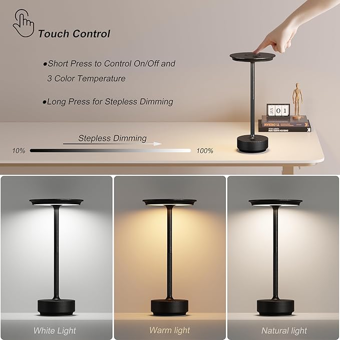 TBBGA 2 Pack Rechargeable Table Lamps Cordless, Portable 5000mAh Outdoor Table Light, 3 Color Stepless Dimming LED Table Lamp with Memory Function, for Home/Dinner/Patio/Restaurant.(Diamond Black)