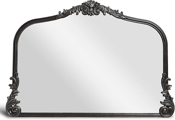 Wylde Iris English Estate Carved Arch Wood Wall Mirror, Mirror for Entryway, Living Room, Bathroom, Antique Silver, 26x37