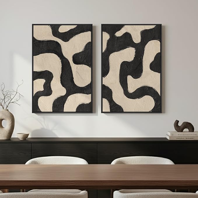 Framed Abstract Beige Black Wall Art for Living Room, Large Neutral Modern Canvas Artwork for Walls, Set of 2 Mid Century Elegant Picture Print for Bedroom Home Office Hallway Wall Decor, 24x36 Inch