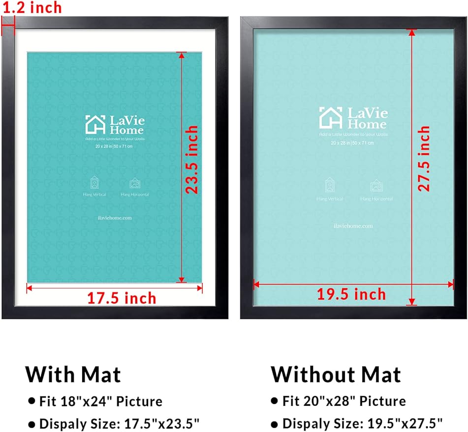 LaVie Home 20x28 Poster Frame Black, Display Pictures 18x24 with Mat or 20x28 Without Mat, Stable and Sturdy Picture Frame with Polished Plexiglass, Horizontal and Vertical Format of The Wall（1 Pack）