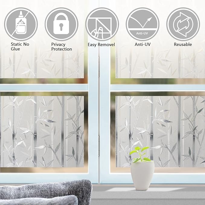 Lemon Cloud Window Privacy Film, Stained Glass Window Film Static Cling, Bamboo Decorative Frosting Opaque Coverings, Day and Night Privacy Removable Sun Heat Blocking for Home Office, 23.6" x 157.4"