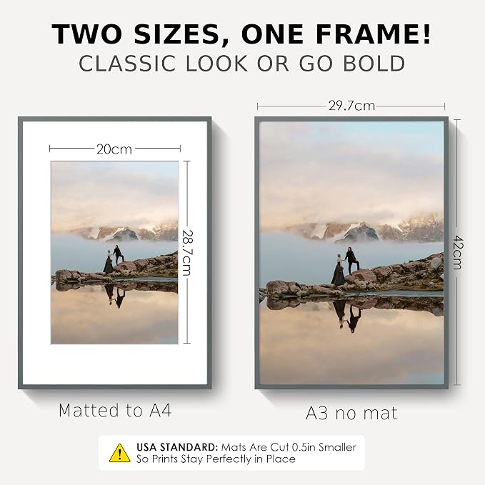 A3 Picture Frame 11.7x16.5 for A4 Photo, Aluminum Frame, Gunmetal Gray | Sleek Metal Frame for Wall, Desk & Gift | Beveled Glass & Hardware, Minimalist