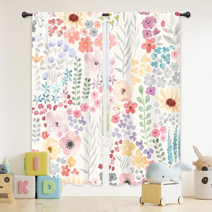 Riyidecor Colorful Floral Curtains Pink Wildflower Cute Boho Flower Plant Leaves Botanical Trendy Rod Pocket Pretty Aesthetic for Girls Bedroom Living Room Treatment Fabric 2 Panels 52Wx84H Inch