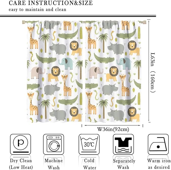 Nursery Safari Animals Curtains, Baby Boy Girl Kids Woodland Jungle Forest Lion Elephant Printed Curtains for Living Room Bedroom Window Drapes 2 Panel Sets72x63 Inch
