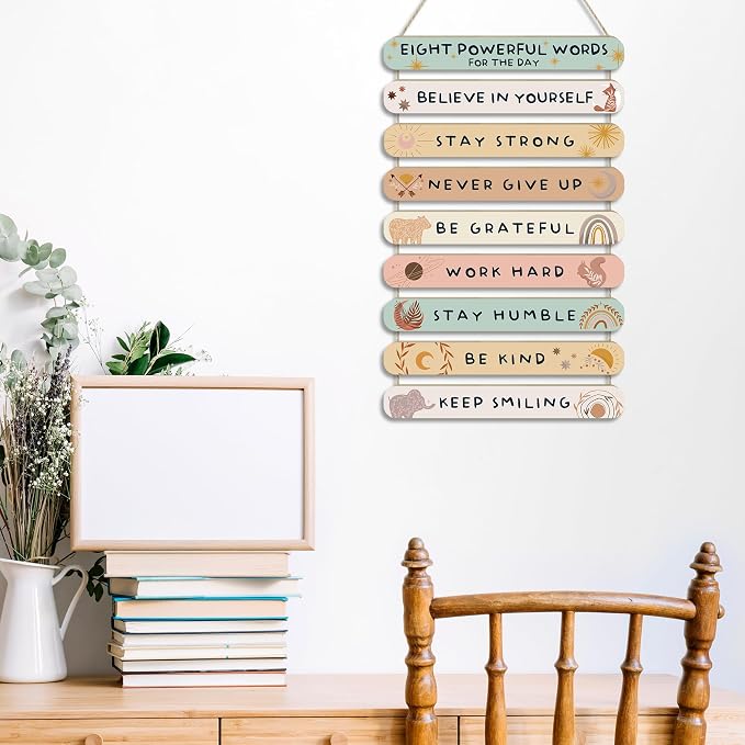 MONALET Boho Inspirational Motivational Wall Art Decor for Classroom Girls Dorm Bedroom Therapy Office, Positive Affirmations Hanging Wood Signs Decorations, 8 Powerful Words Wooden Plaque, 12x19