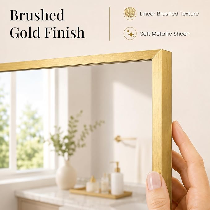 40"x30" Brushed Gold Framed Rectangle Bathroom Vanity Wall Mirror | Over-Sink Vanity Mirror, Slim Metal Frame, Entryway or Dresser Use, Vertical/Horizontal Mount, Tempered Glass