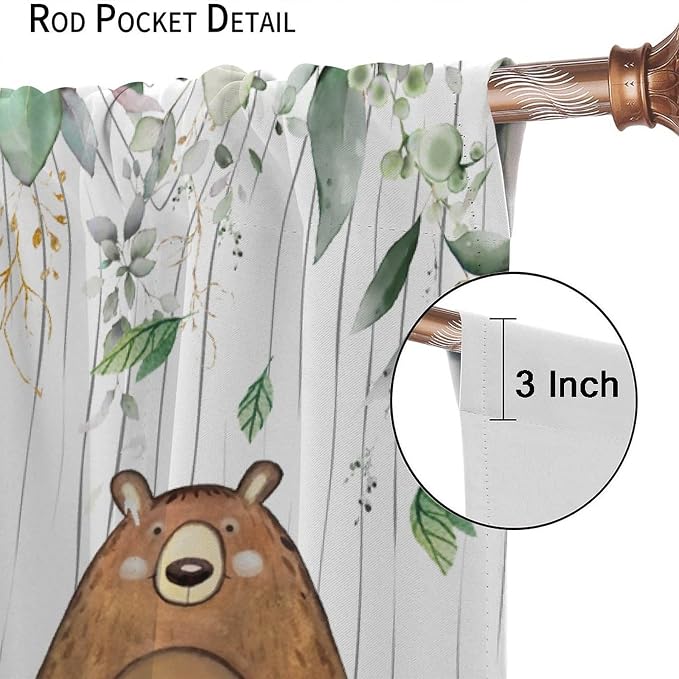 Forest Animal Curtains, Watercolor Wild Animal Bear Fox Deer Kids Window Treatments for Living Room Bedroom,Green Woodland Tree Kids Drapes 2 Panel Sets,72x63 Inch
