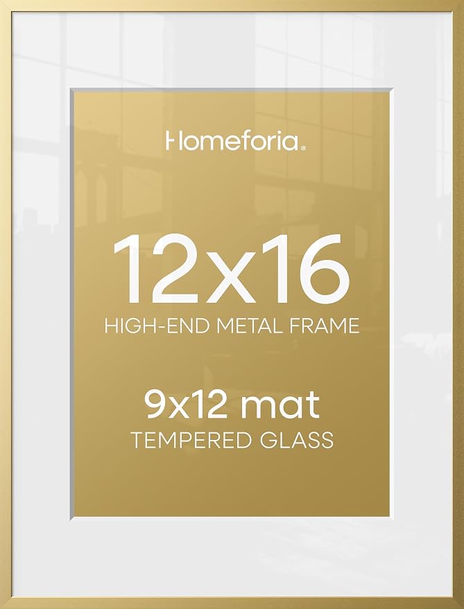 Homeforia 12x16 Picture Frame Gold, High End Metal 12x16 Poster Frames with Mat 9x12 for Photo, 12 x 16 Gold Frame Matted to 9 by 12 Print, 16x12 Thin Hanging Frame, Tempered Glass, Wall Kit, Set of 4