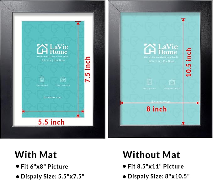 LaVie Home 8.5x11 Picture Frame, 11L x 8.5W Frame Display Pictures 6x8 with Mat or 8.5x11 Without Mat, Stable and Sturdy Black Frame and Polished Plexiglass, Horizontal and Vertical Format of The Walls