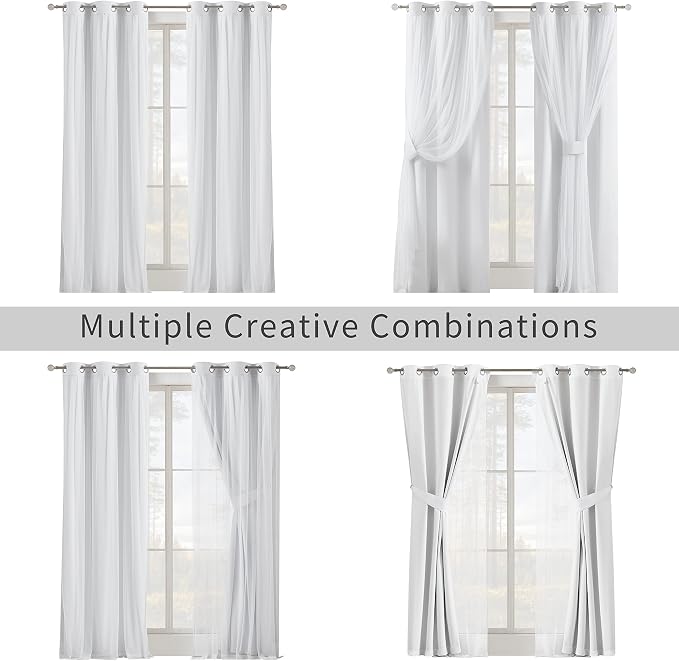 Bujasso White Full Blackout Curtain Panels with Sheer Overlay Mix and Match Double Layer Thermal Insulated Window Treatment Set for Living Room White Drapes with Tiebacks Grommet Top 37" Wx63 Lx2