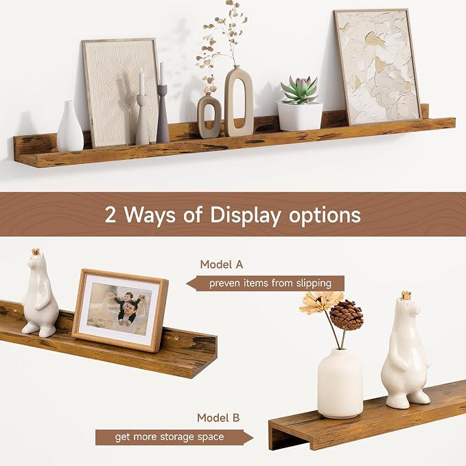 Fun Memories Picture Ledge Shelf, 36 Inch Floating Shelves Set of 2, Nursery Book Shelves for Storage, Bookshelf Wall Mounted for Wall Decor Books Photo Frames, Rustic Brown