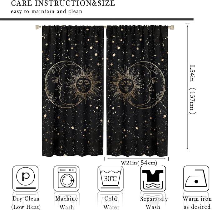 Sun Moon Blackout Windows Curtains, Golden Sun Moon and Stars Black Sky on Bohemian Style Curtains, for Living Room Bedroom 42x54in 2 Panels