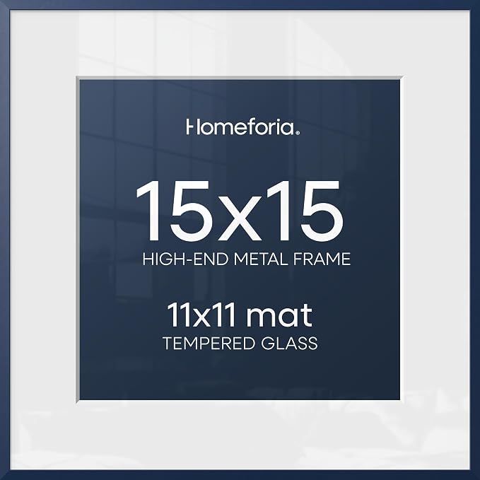 Homeforia 15x15 Picture Frame Navy Blue, High End Metal 15 x 15 Square Poster Frame with Mat 11 x 11 Photo, 15x15 Frame Matted to 11x11 Print, 15by15 Hanging Frames, Tempered Glass, Wall Kit, Set of 1