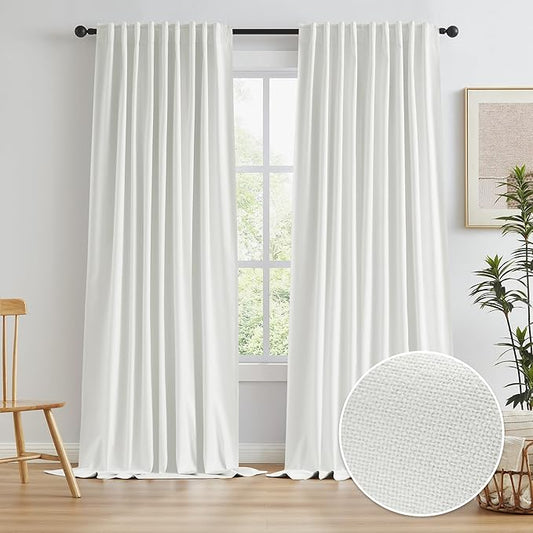 KEQIAOSUOCAI 102 Inches Curtains Blackout Pinch Pleated Drapes Back Tab Hook Belt Country Farmhouse Curtains for Living Room Ceiling Track System,Off White, Ivory,72 by 102