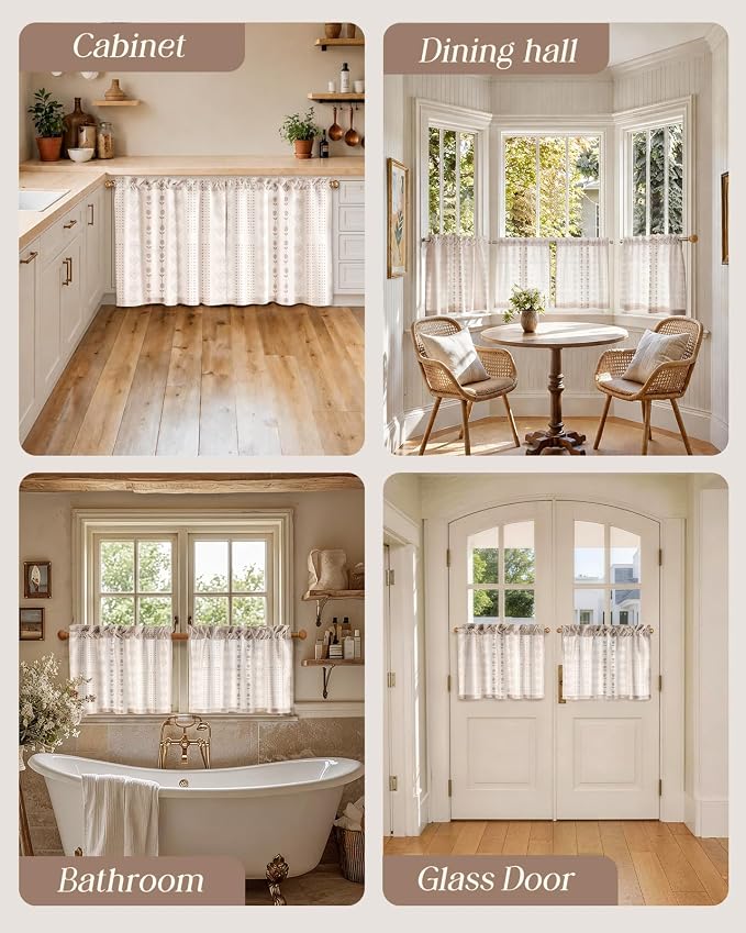 Miss Adola Farmhouse Kitchen Tier Curtains - 18 Inch Length Linen Blend Boho Cafe Curtains Striped Beige Small Window Treatments Over Sink Rod Pocket for Bathroom Living Room Light Filtering, 2 Panels