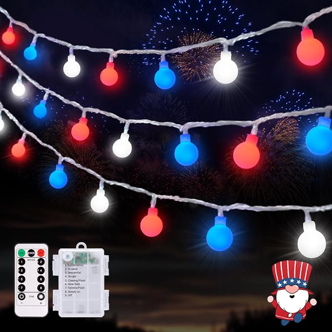 JMEXSUSS 33ft 100 LED Red White and Blue Lights Battery Operated | 4th of July Lights Outdoor Waterproof, String Light for Independence Day Memorial Patriotic Day Decor