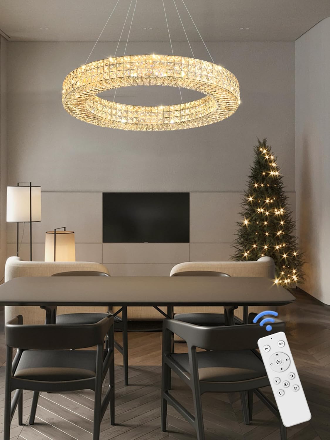 Dia 32" Ring Crystal Chandelier Modern Silver Ring Chandelier Adjustable Height Luxury Crystal Pendant Ceiling Light Fixture for Dining Living Room Bedroom