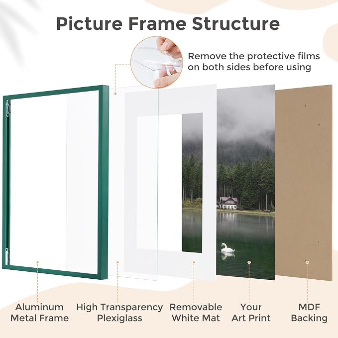 11x14 Picture Frame for 8x10 Photo, Minimalist Aluminum Frame, Dark Green | Deep Green Metal Frame for Wall, Desk & Gift | Shatterproof Glass & Hardware