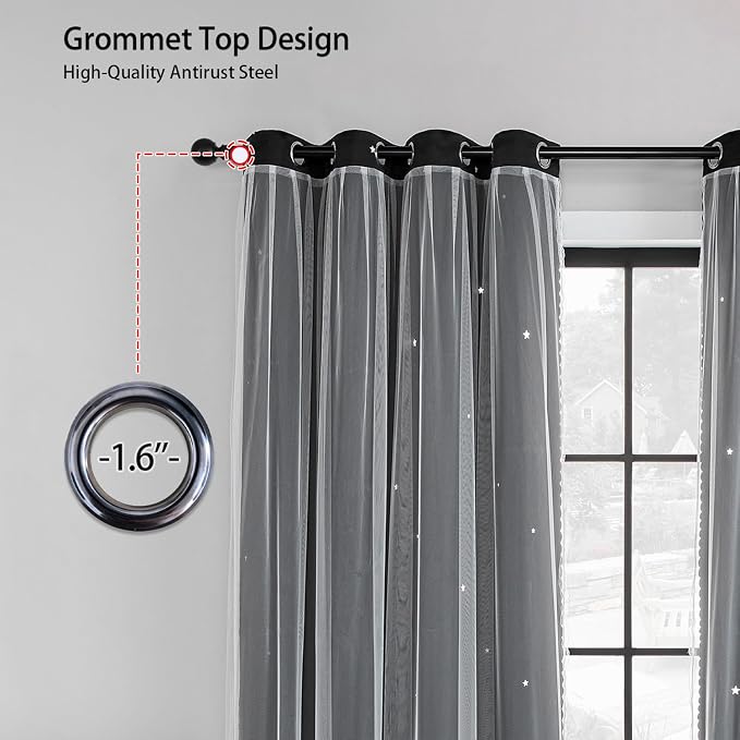 XiDi Black 63x34in Curtain for Bedroom, Girls Room Decor, Living Room, 1 Panel, Blackout Curtains with Laser Cutout Stars, Grommet Top, Washable