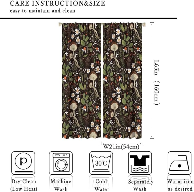 Mushroom Curtains,Green Plant Forest Botanical Print Window Treatments for Bedroom Living Room Kitchen Cartoon Herbs Floral Window Drapes 2 Panels Set,Total Size 42 x 63 Inch