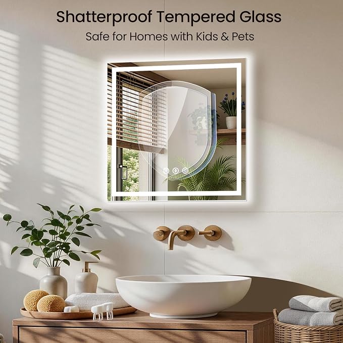 30x30 LED Bathroom Mirror with Lights, Anti-Fog, Backlit + Front Lit (CRI>90), Lighted Bathroom Vanity Mirror for Wall, Memory Function, Dimmable, Tempered Glass, Shatter-Proof