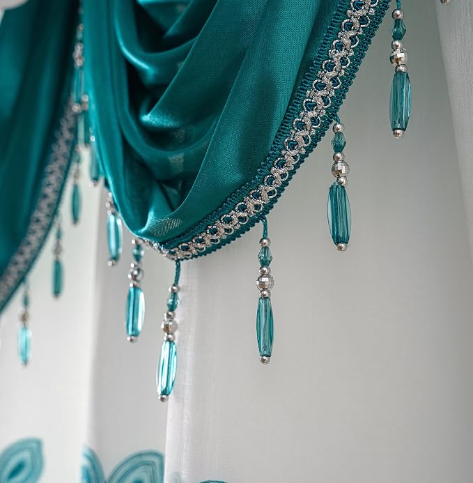 Petrichor Embroidered Sheer Curtain 2 Panels Set - Luxury Window Curtain Attached Valance with Satin Backing and 2 Tie Backs for Living Room,Dining Room, 54x95 inches, Turquoise