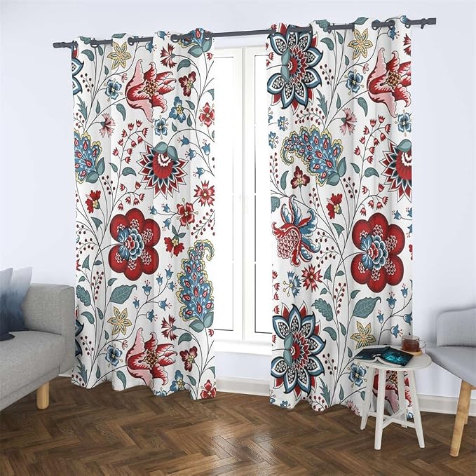 Renaiss Boho Floral Blackout Curtains, Bohemian Flower Plant Print Thermal Insulated Bedroom Window Curtains, Botanical Art Window Drapes for Living Room, 96" L x 42" W 2 Panel Set