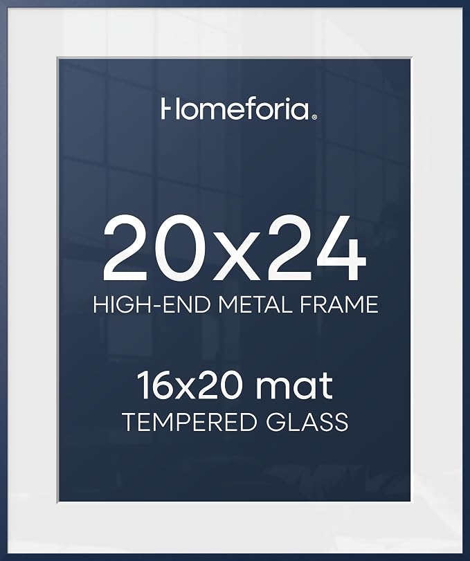 Homeforia 20x24 Frame Navy Blue, High End Metal 20x24 Poster Frames with Mat 16x20 inch Photo, 20 x 24 Navy Blue Picture Frame Matted to 16 by 20 Print, 24x20 Frame, Tempered Glass, Wall Kit, Set of 1