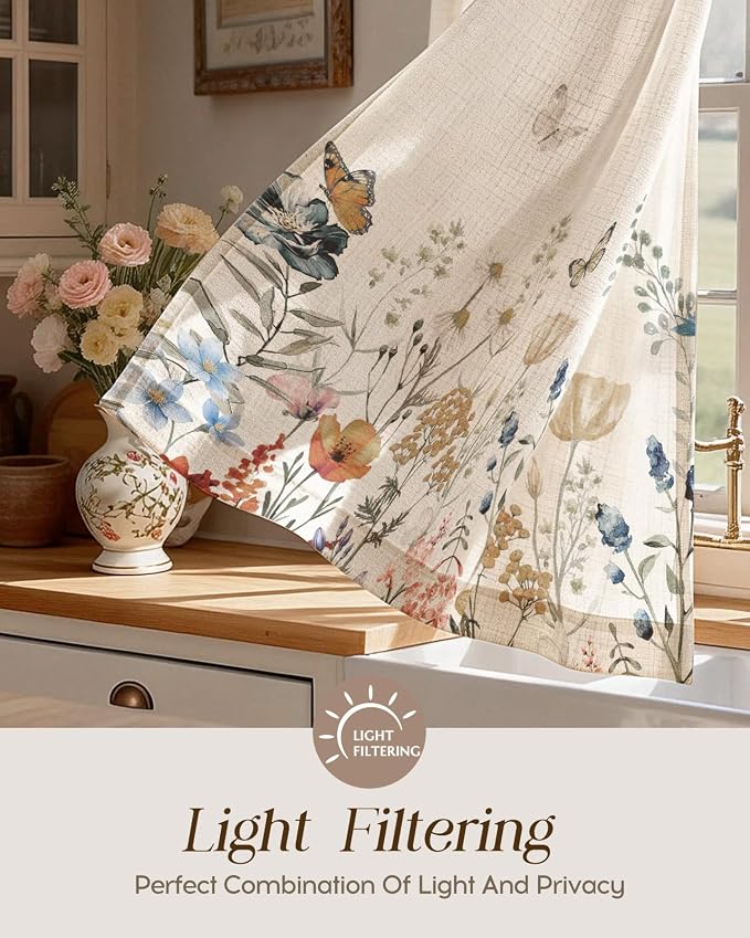 Miss Adola Floral Kitchen Tier Curtains - 24 Inch Length Linen Blend Farmhouse Cafe Curtains Vintage Small Window Treatments Over Sink Rod Pocket for Bathroom Living Room Light Filtering, 2 Panels