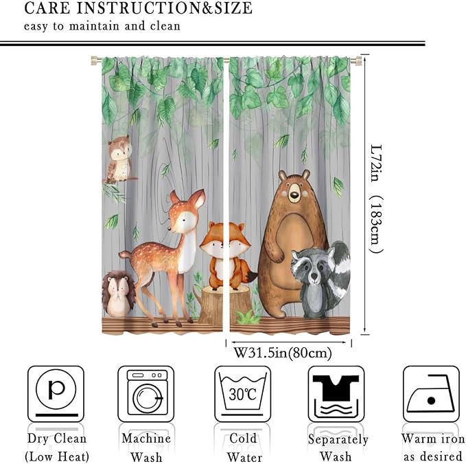 Rustic Animal Curtains, Wild Forest Animal Bear Fox Deer Kids Window Treatments for Living Room Bedroom, Farmhouse Woodland Blackout Drapes 2 Panel Sets, 63x72 Inch