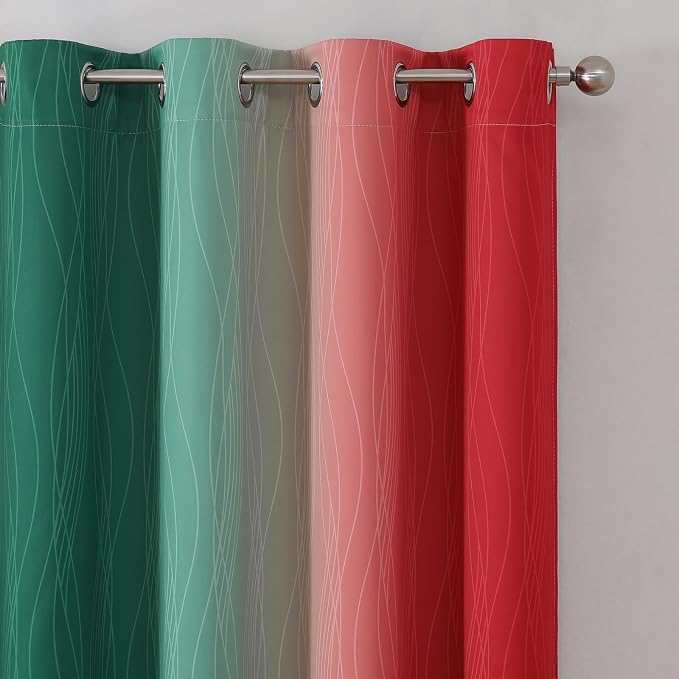 Estelar Textiler Red and Green Blackout Curtains 54 Inch Length, Full Room Darkening Gradient Grommet Drapes for Kids Room, Thermal Insulated Ombre Curtains for Bathroom, 52Wx54L, 2 Panels