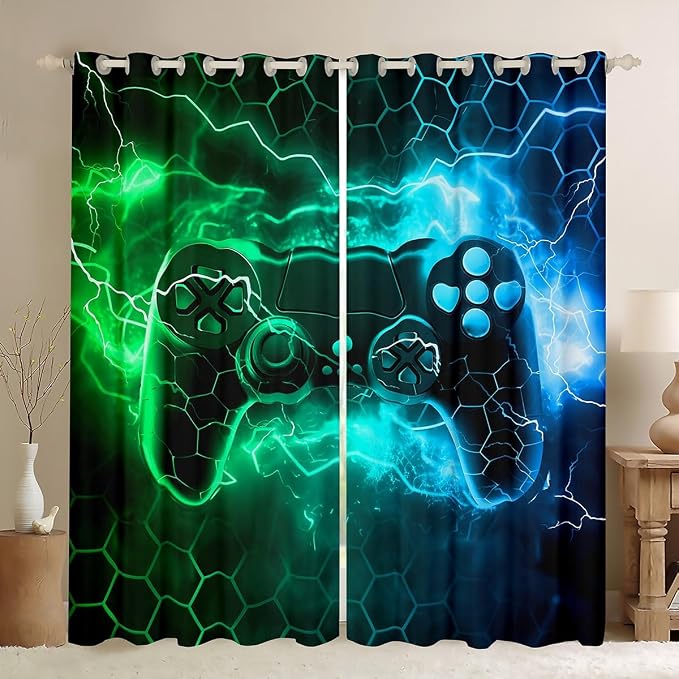 Feelyou Kids Boys Green Gamer Window Curtains Toddler Honeycomb Gaming Blankout Curtains Lightning Gamepad Darkening Drapes Game Room Decor Window Treatments (2 Panels, 38 x 45 Inch)