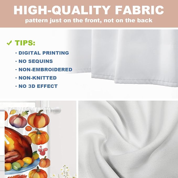 Shrahala Turkey Pumpkin Thanksgiving Blackout Curtain Tiers, Watercolor Fruits Delicious Food Pears Kitchen Valance Light Blocking Tier Drapes with Rod Pocket, 2 Pack 26 X 36 in