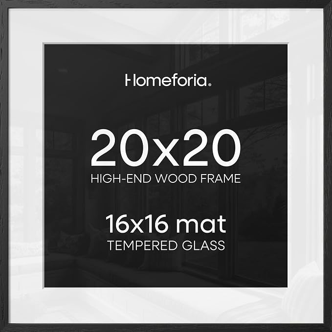 Homeforia 20x20 Black Wood Frame, High End Oak 20 x 20 Square Picture Frames with Mat 16 by 16 inches Photo, 20by20 Black Wooden Poster Frames Matted to 16x16 Print, Tempered Glass, Wall Kit, Set of 3