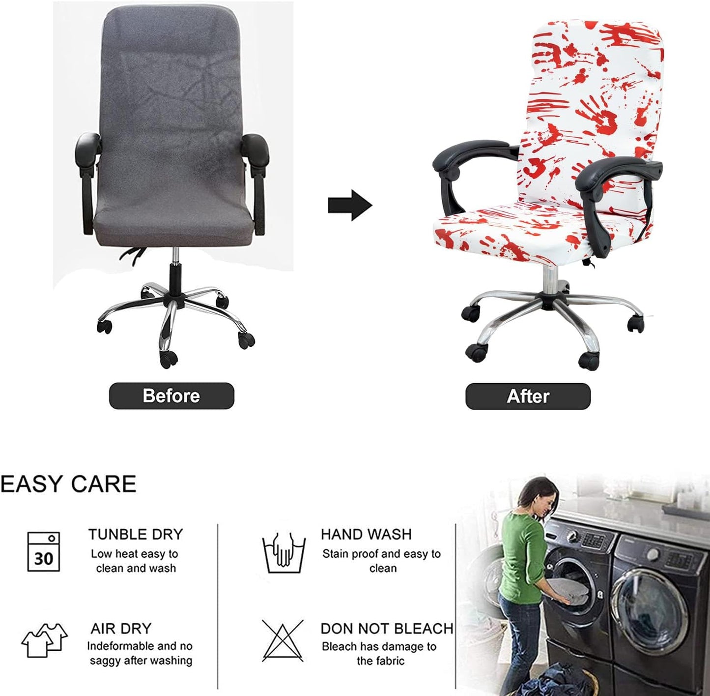 Halloween Office Chair Covers - Horror Bloody Handprints Footprints on White - Stretchable Slipcover for Modern Simplism Style High Back Boss Chair - Machine Washable - Size M