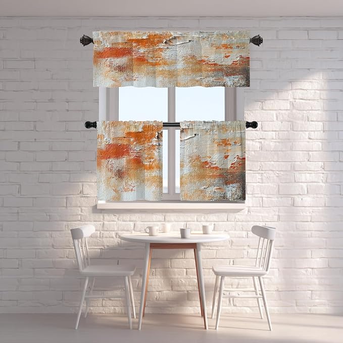 Shrahala Brushstrokes of Paint Blackout Short Curtains for Windows, Orange Grey Canvas Texture Kitchen Valance Thermal Insulated Rod Pocket Window Treatment for Bathroom 52 X 18 in