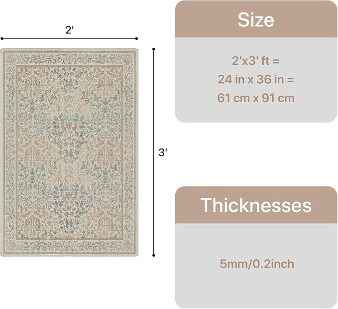 GENIMO 2x3 Washable Kitchen Rug, Non Slip Indoor Door Mat, Beige Pink | Vintage Boho Floral Low Pile Entryway Mat for Bathroom, Front Door and Laundry Room