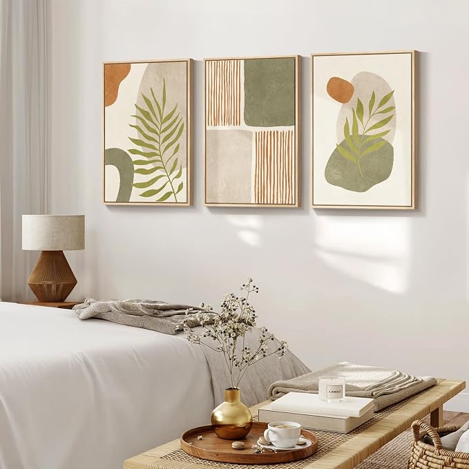 Framed Sage Green Boho Abstract Wall Art for Living Room, 3 Piece Orange Terracotta Tropical Botanical Canvas Artwork for Walls, Minimalist Geometric Prints Dining Room Hallway Wall Decor, 20x30 In