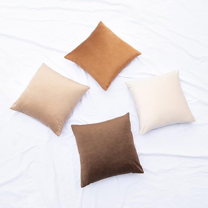 MONDAY MOOSE Decorative Throw Pillow Covers Cushion Cases, Set of 4 Soft Velvet Modern Designs, Mix and Match for Home Decor, Pillow Inserts Not Included (22x22 inch, Brown/Beige)